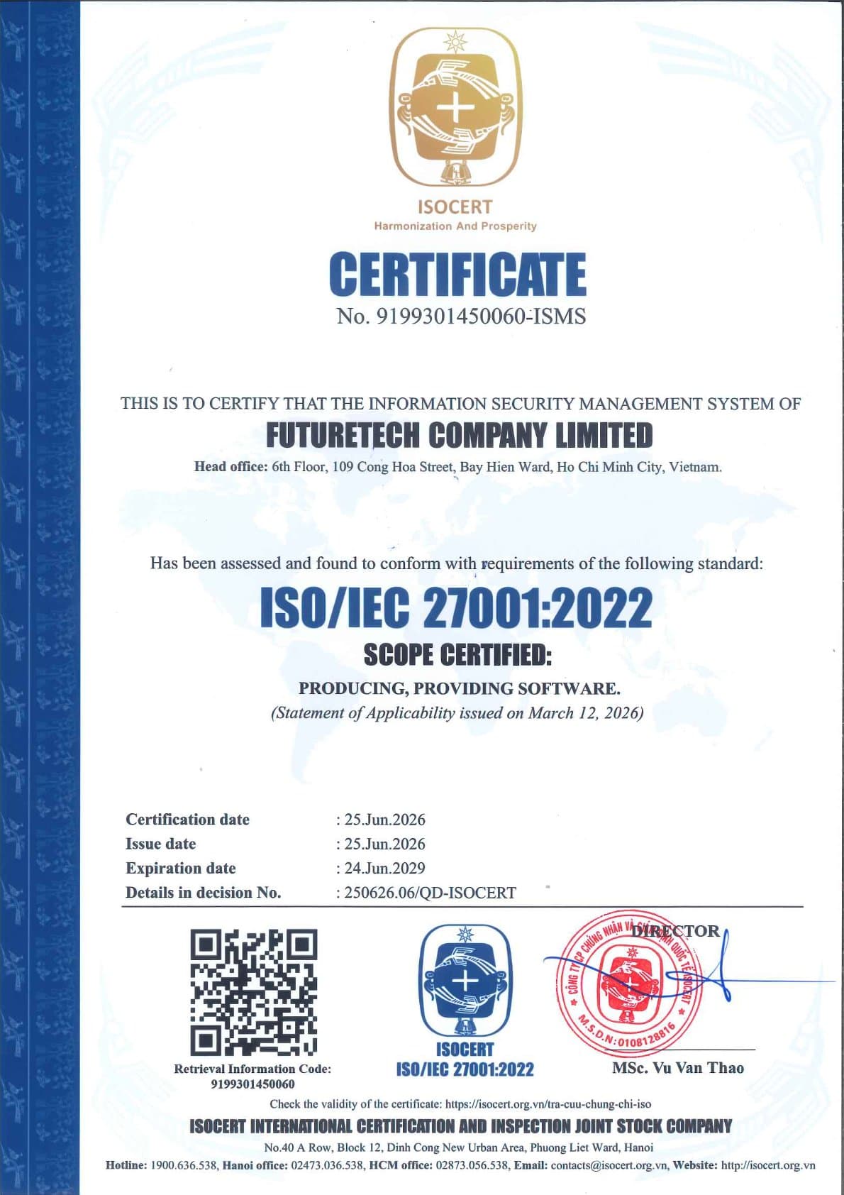 FutureTech ISO/IEC 27001:2022 certificate