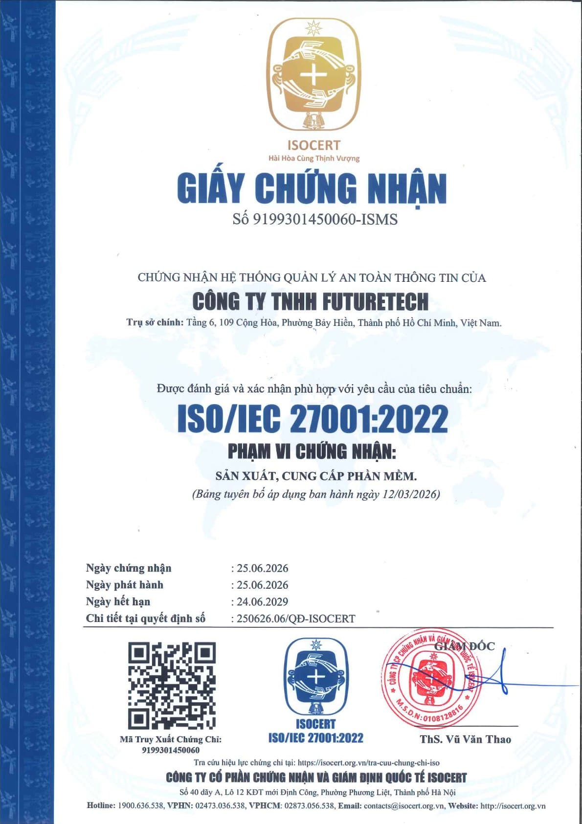 Chứng chỉ ISO/IEC 27001:2022 của FutureTech